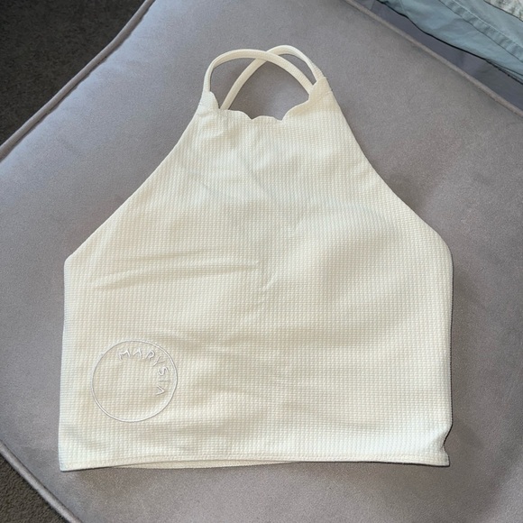 MARYSIA Steffi Top Cropped Halterneck Scalloped Trim Edges Yellow White Medium - Picture 4 of 9